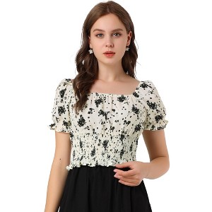 INSPIRE CHIC Women's Floral Print Square Neck Puff Sleeve Smocked Blouse - 1 of 4