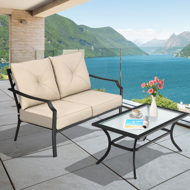 Tangkula 2PCS Patio Loveseat & Coffee Table Set Outdoor Cushioned Sofa for Garden Backyard, 3 of 7