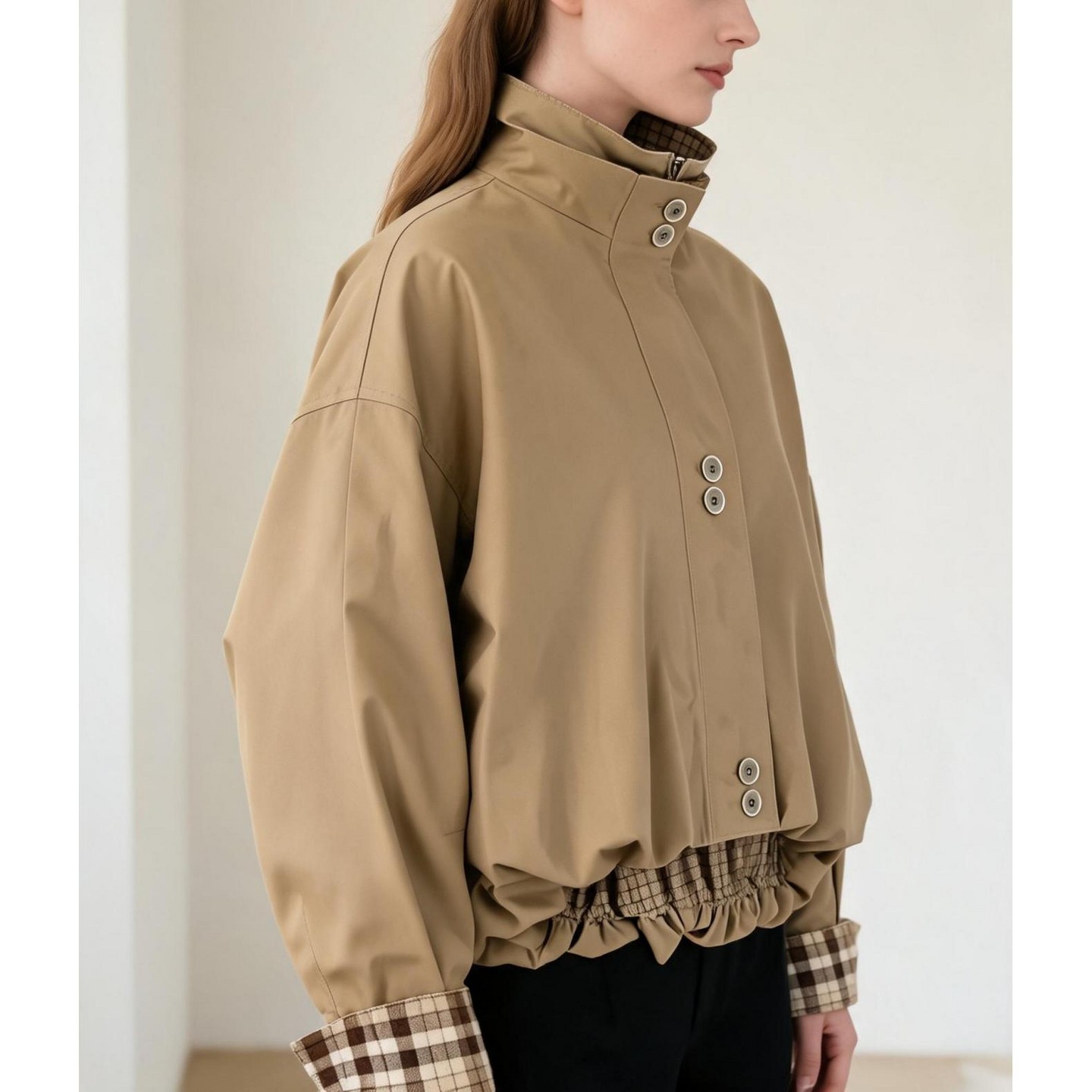 Женская куртка Imily Bela Women Reversible Plaid Lined Bomber Jacket, Stand Collar Zip Button Mixed Design Long Sleeve Cropped Oversized Casual Outerwear Khaki, цвет: Хаки — фото 3