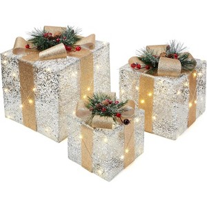 Set of 3 Christmas Lighted Gift Boxes, Gift Present Decorated Boxes with Ribbons & Bows for Indoor Outdoor Christmas Tree, Home, Yard, Lawn - 1 of 4
