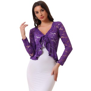 INSPIRE CHIC Women's Tie Front Ruffled Hem Floral Lace Sheer Crop Bolero Shrug - 1 of 4
