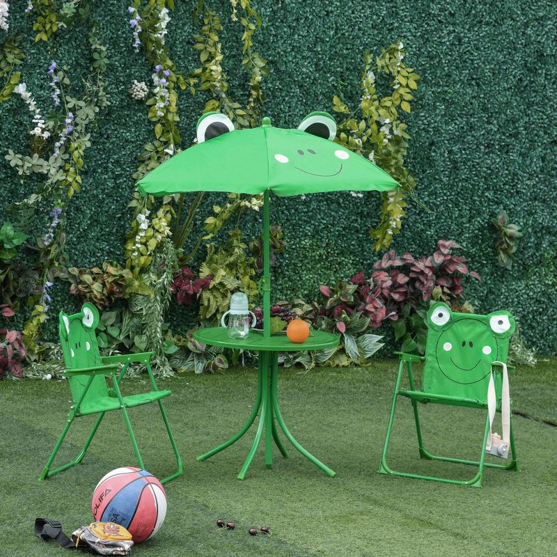 Outsunny Folding Kids Table and Chair Set, Picnic Table with Frog Pattern Removable & Height Adjustable Sun Umbrella for Garden, Backyard, Green, 2 of 7