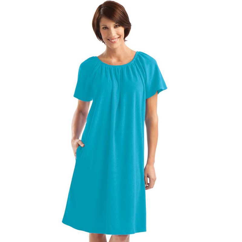 Collections Etc Solid Color Comfort Fit Short-Sleeve Terry Cotton Summer Dress with Side Pockets and Elastic Scooped Neckline, 3 of 4