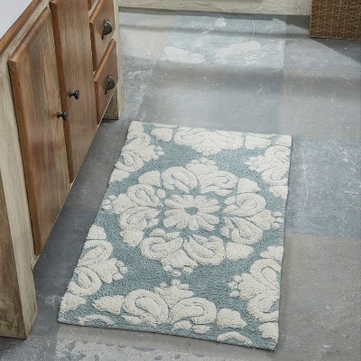 Blue and Natural Cotton Medallion Pattern Bath Rug Set