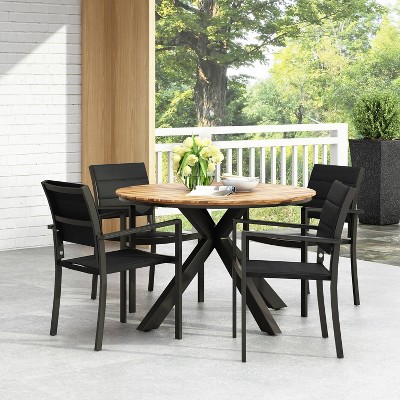 5-Piece Black Mesh and Acacia Wood Round Outdoor Dining Set