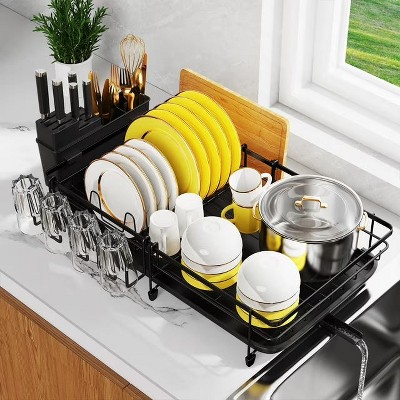 LunaLulinlk Retractable Dish Drying Rack for Kitchen Countertop, Compact Dish Rack with Drainboard Tray, Cutting Board/Utensil Holder,Black