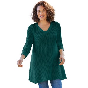 Woman Within Plus Size V-Neck Shaker Trapeze Sweater - 1 of 3