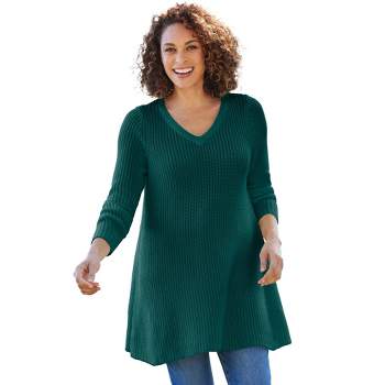 Woman Within Women's Plus Size V-Neck Shaker Trapeze Sweater