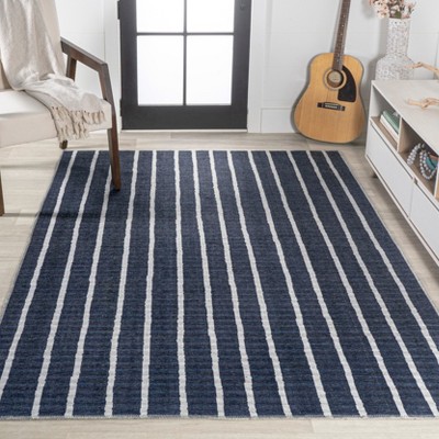 Ivory and Navy Striped 8' x 10' Machine-Washable Rug