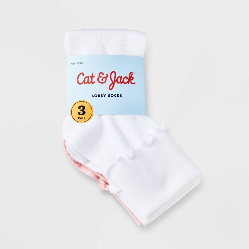 Girls' 3pk Turn Cuff Crew Socks - Cat & Jack™ Pink , 3 of 5