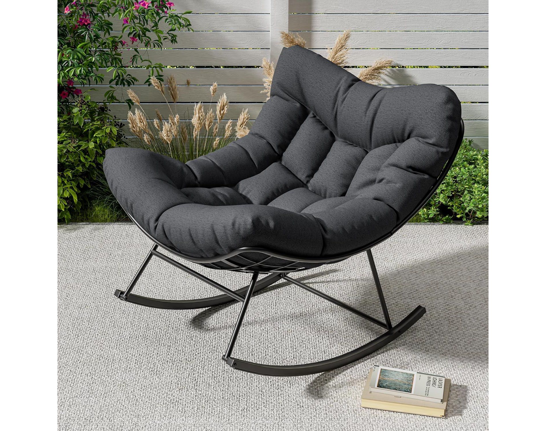 Acekool Outdoor Papasan Rocking Chair, Oversized Egg Rocker with Metal Frame, Rattan Patio Chair, Grey