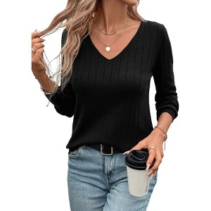 Coolmee Women's Long Sleeve Cable Knit Sweater Fall Fashion V Neck Fitted Pullover Top Business Casual Work Fall Outfits - 1 of 4