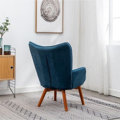 Mid-Century Silky Blue Velvet Accent Chair and Ottoman Set
