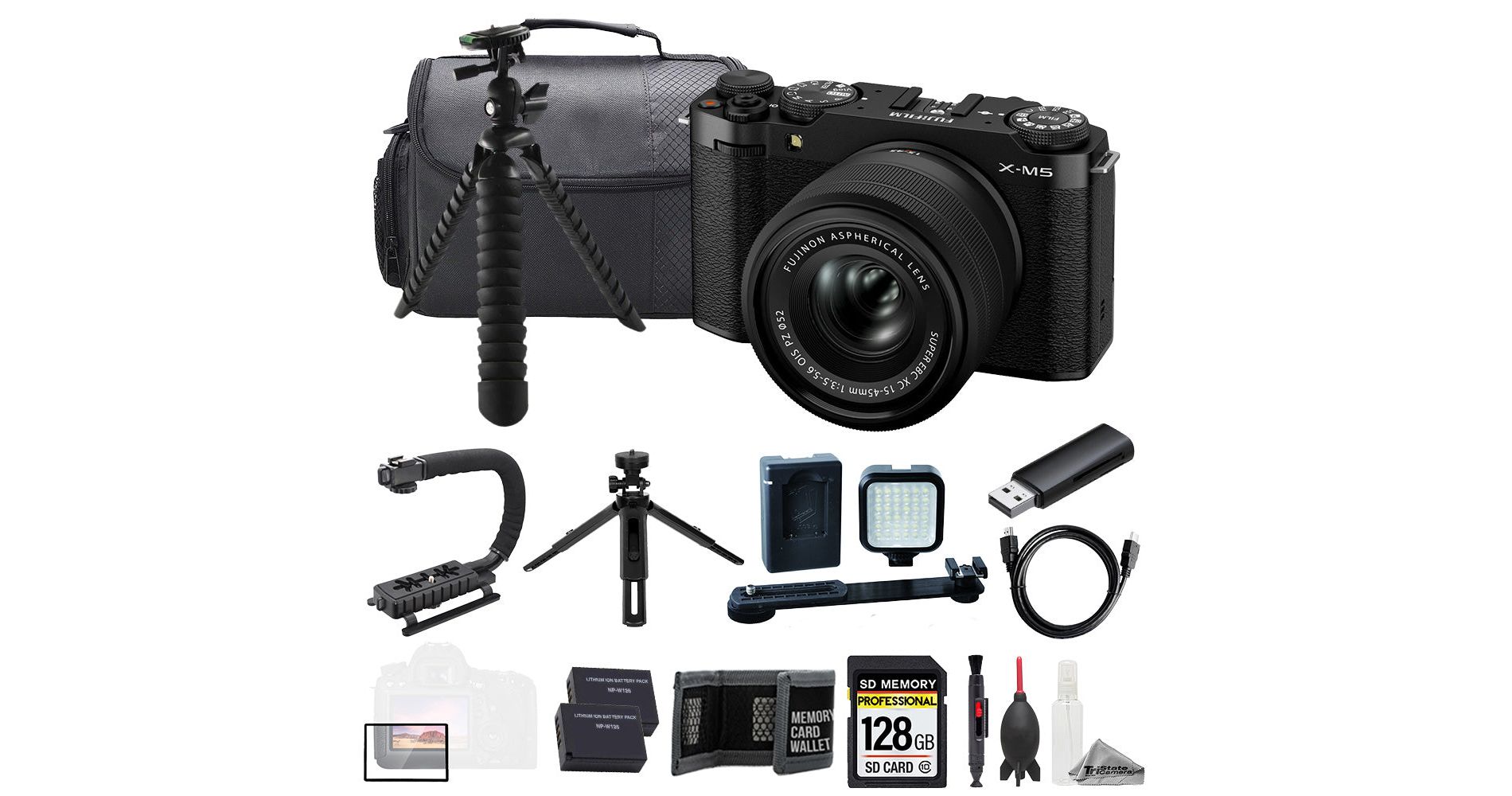 Fujifilm X-M5 Mirrorless Camera w/ XC 15-45mm Lens (Black) Kit + 128GB Card, Extra Battery, Tripod, LED Light, Case & Accessories.