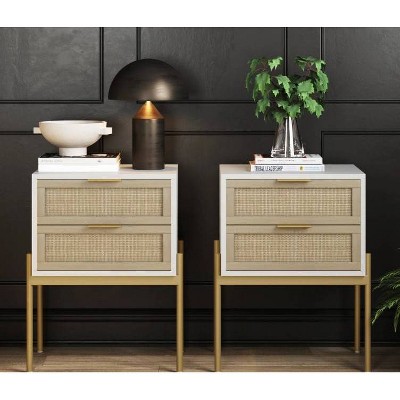 White and Gold 2-Drawer Rattan Nightstand Set