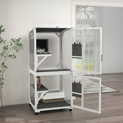 Large White and Gray Wooden Outdoor Cat House with Wheels