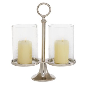 14" x 12" Hurricane Aluminum/Glass Textured Candle Holder Silver - Olivia & May: Dual Pillar, Elegant Tabletop Display - 1 of 4