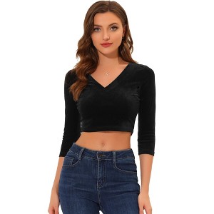 INSPIRE CHIC Women's Velvet V Neck 3/4 Sleeve Solid Crop Top - 1 of 4