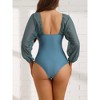 INSPIRE CHIC Women's Cut Out Ring Plunge Neck Shirred Long Sleeves Mesh Tummy Control Monokini Swimsuit 2 Sets - 3 of 4