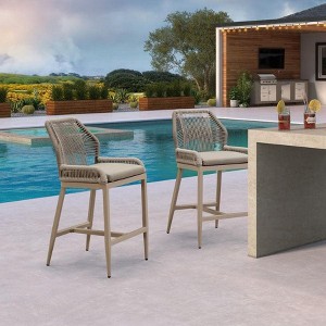 PURPLE LEAF Patio Sunbrella Bar Stools Set of 2 Handwoven Wicker Bar Height Stool Modern Aluminum Outdoor Wicker Barstools with Back and Cushion - 1 of 4