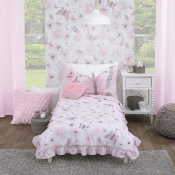 Everything Kids Floral Butterfly Pink, White, and Gray 4 Piece Toddler Bed Set