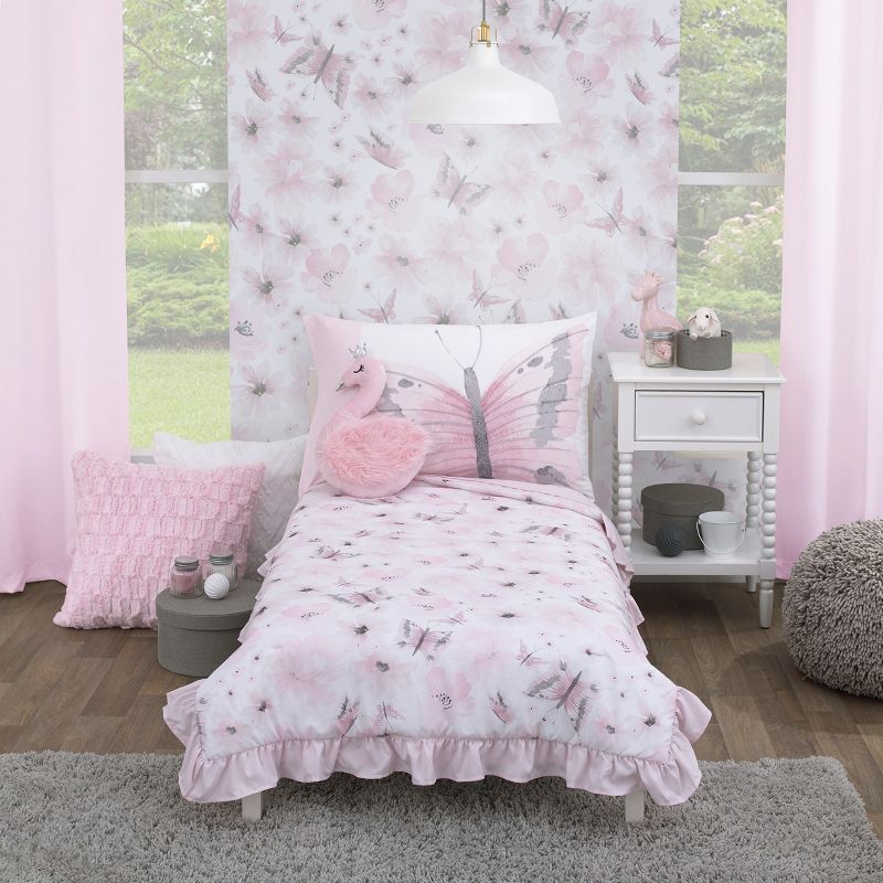 Everything Kids Floral Butterfly Pink, White, and Gray 4 Piece Toddler Bed Set, 1 of 7