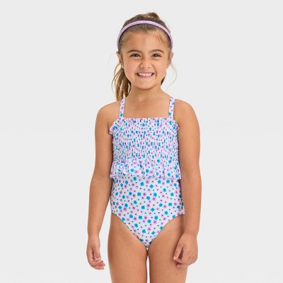 Image of Baby Girls' Smocked One Piece Swimsuit - Cat & Jack™ Purple 12M: Floral Print, Frilled, UPF 50+, Monokini Style, Crisscross Back
