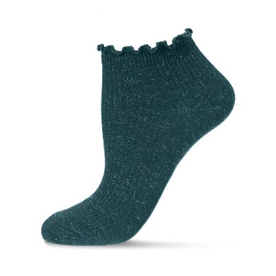 Memoi Sparkle Rib Scalloped Cuff Low Cut Socks Teal 9-11