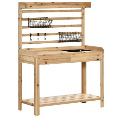 Dracelo Potting Bench Table, Garden Work Bench, Workstation with Metal Sieve Screen, Natural