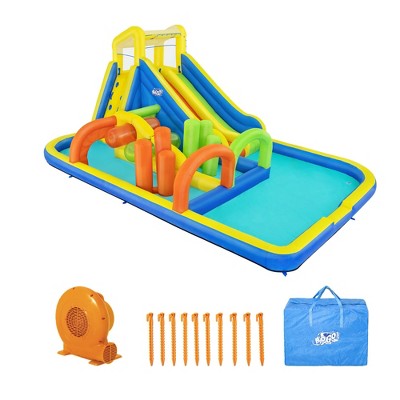 Image of Bestway H2OGO! AquaRace Kids Inflatable Outdoor Water Park with Dual Slides, Built-In Sprayer, Splash Pool, Storage Bag, & Air Blower for Quick Setup