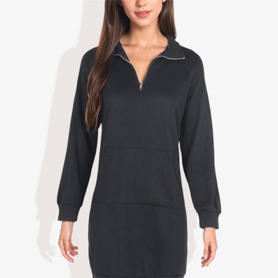 Anna-Kaci Women's Cuffed Solid Kangaroo Pocket Zipper Mini Dress