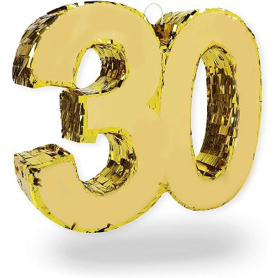 Sparkle and Bash 30th Gold Foil Pinata Number for Birthday and 30 Year Pearl Anniversary Party Supplies Decorations, 16.5 x 13 inches