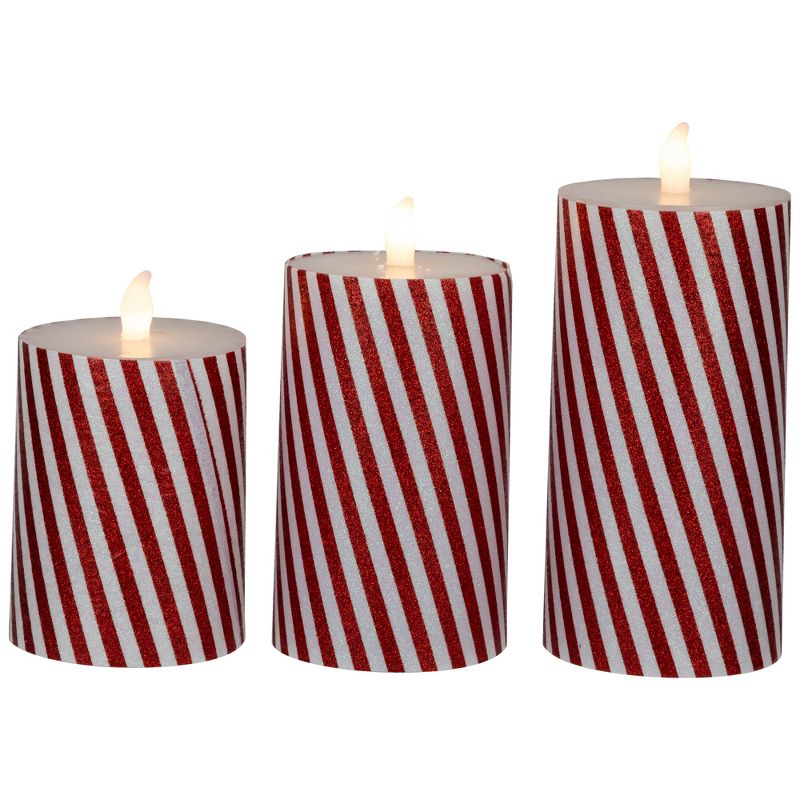 Northlight Set of 3 Flameless Glittered Candy Cane Stripes Flickering LED Christmas Wax Pillar Candles 6", 5 of 7