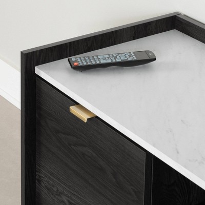 Gray Oak and Faux Carrara Marble TV Stand with Storage Cabinets