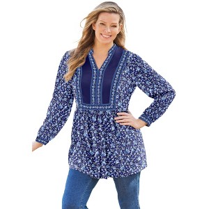 Woman Within Women's Plus Size Button-Front Mixed Print Tunic - 1 of 4