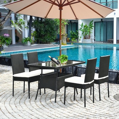 Costway 5PCS Patio Rattan Dining Set Cushioned Chair Table w/Glass Top Garden Furniture