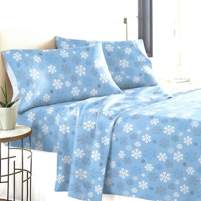 Full Snowflake Blue Cotton Flannel Sheet Set