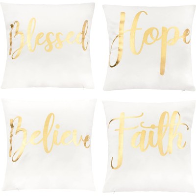 White and Gold Inspirational Polyester Throw Pillow Covers, 18 x 18 in, Set of 4