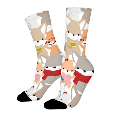 Cartoon Cute Baby Fox Wolf Women Printed Crew Socks Funny Funky Socks Soft Polyester Novelty Gifts for Artists Men