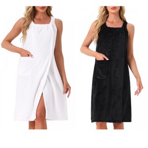 INSPIRE CHIC Women's 2 Pcs Shower Wrap Wearable Button Bath Towel Robe Sleeveless Snap Dress with Pockets - 1 of 4