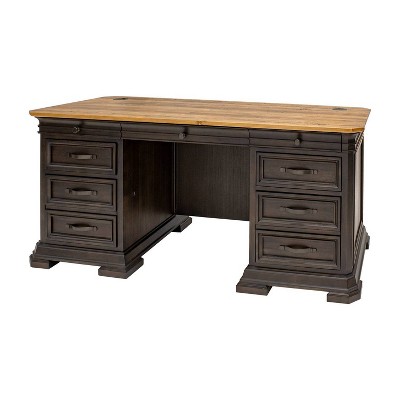 Brown Wood Double Pedestal Executive Desk with Drawers
