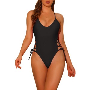 Elerevyo Women's Lace Up Criss Cross Plunge Monokini Side Tie Strappy Swimwear Bathing Suits 1 Pc - 1 of 4