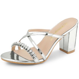 Allegra K Women's Crisscross Strap Rhinestone Block Heel Slide Sandals - 1 of 4