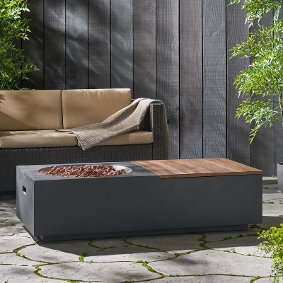 VYNXARIA Outdoor 50000 BTU Lightweight Concrete Rectangular Fire Pit Table with Storage, Dark Gray and Natural Brown (Tank Cover not Included)