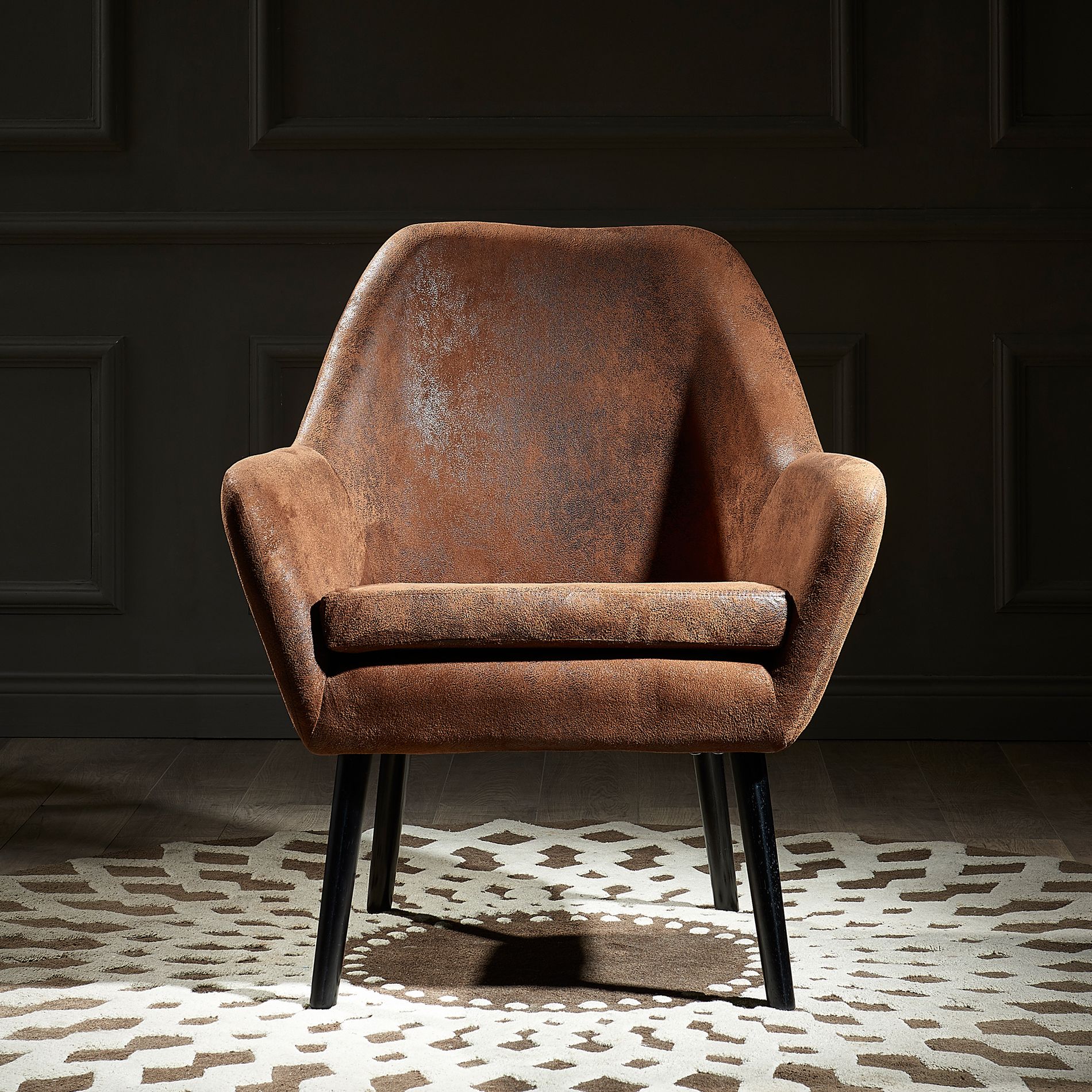 Divano Armchair with Aged Fabric and Solid Wood Legs Brown - Teamson Home: Rustic Mid-Century Modern Accent Chair, Linen Upholstery