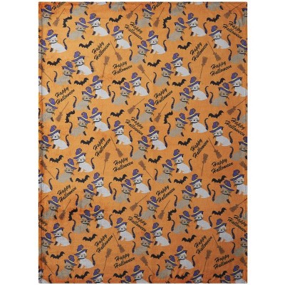 Halloween Orange Fleece Throw Blanket with Cats and Broomsticks