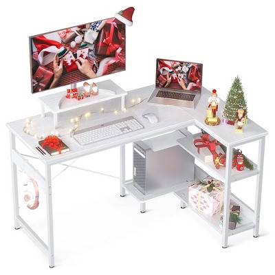 White Corner Computer Desk with Headphone Hook and Shelves
