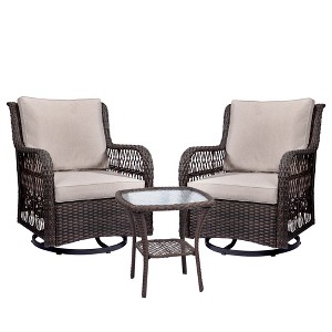 Outdoor Swivel Rocker Patio Chairs Set of 2 with Matching Side Table – 3-Piece Wicker Bistro Set with Premium apricot Fabric Cushions - 1 of 4