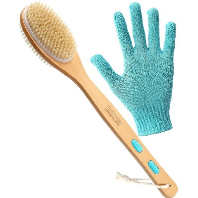 Freedom Goods Back Scrubber for Shower (Dual Sided), Long Handled Shower Brush, Dry Brushing Body Brush (Hard and Soft Bristles), Body Scrubber Shower and Bath Brush with Exfoliating Glove Men Women
