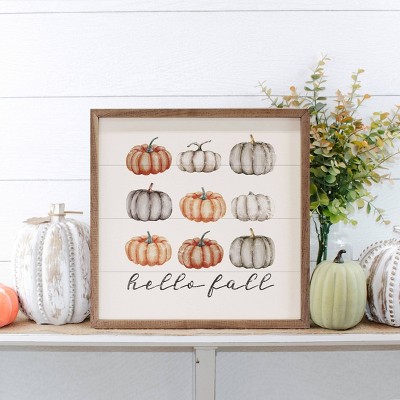 Kendrick Home Hello Fall Orange and Gray Pumpkins Wall Art White